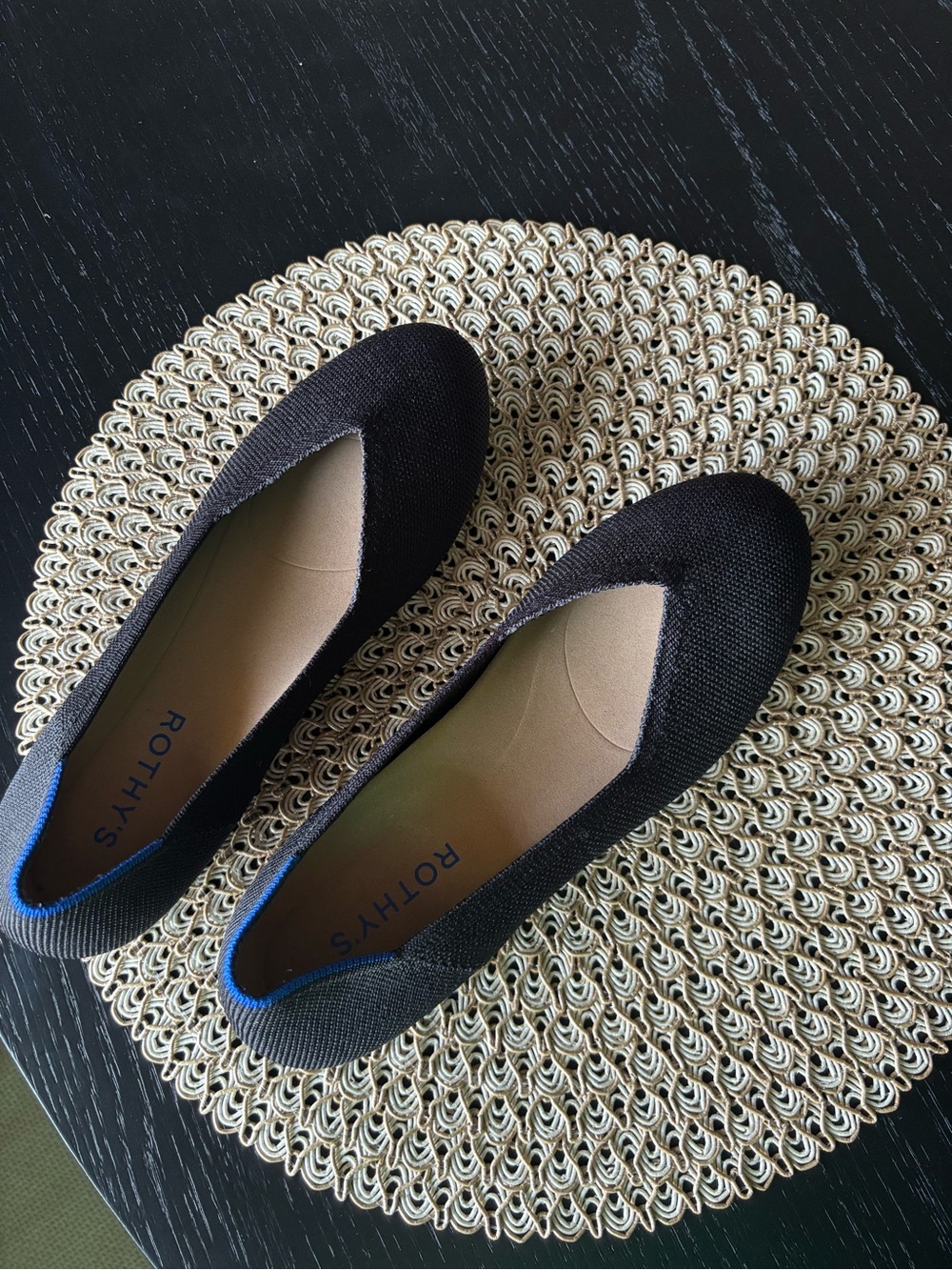 Rothy's Black Pointed Knit Flats with Blue Trim